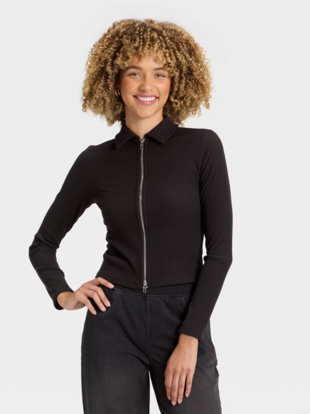 New! Women's Long Sleeve Brushed Ribbed Polo Zip-Up Jacket - A New Day™ Black Lg